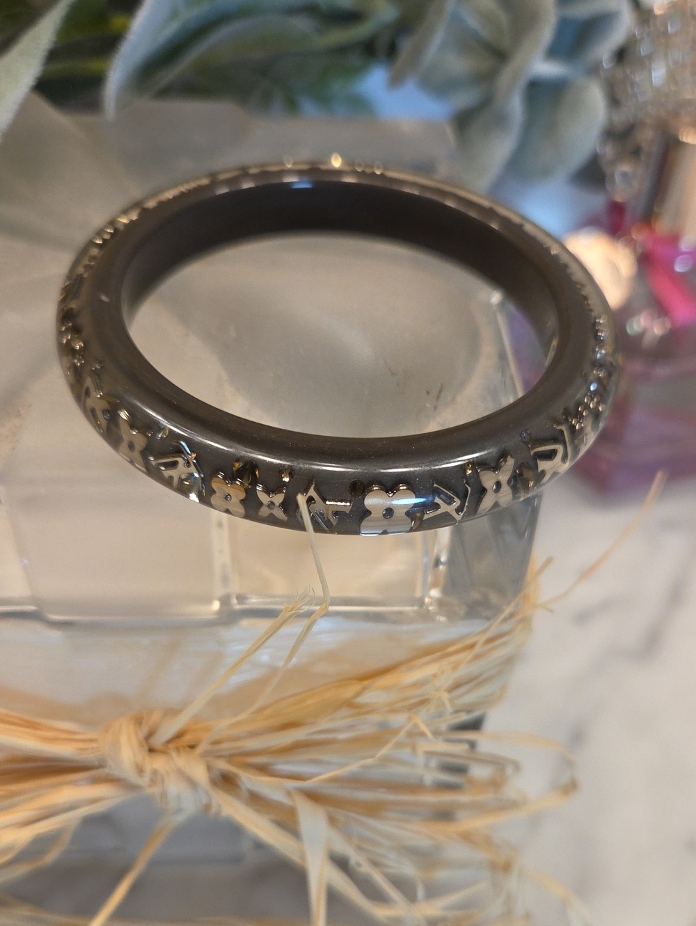 Authentic Louis Vuitton Gray Floral Resin Bangle Bracelet